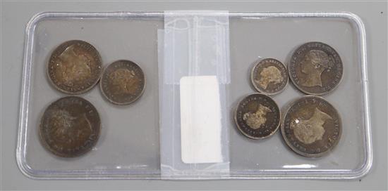 Great Britain, milled coinage, Victoria maundy set 1d to 4d, 1851 and a part maundy set 2d to 4d, 1856 Toned and AUNC